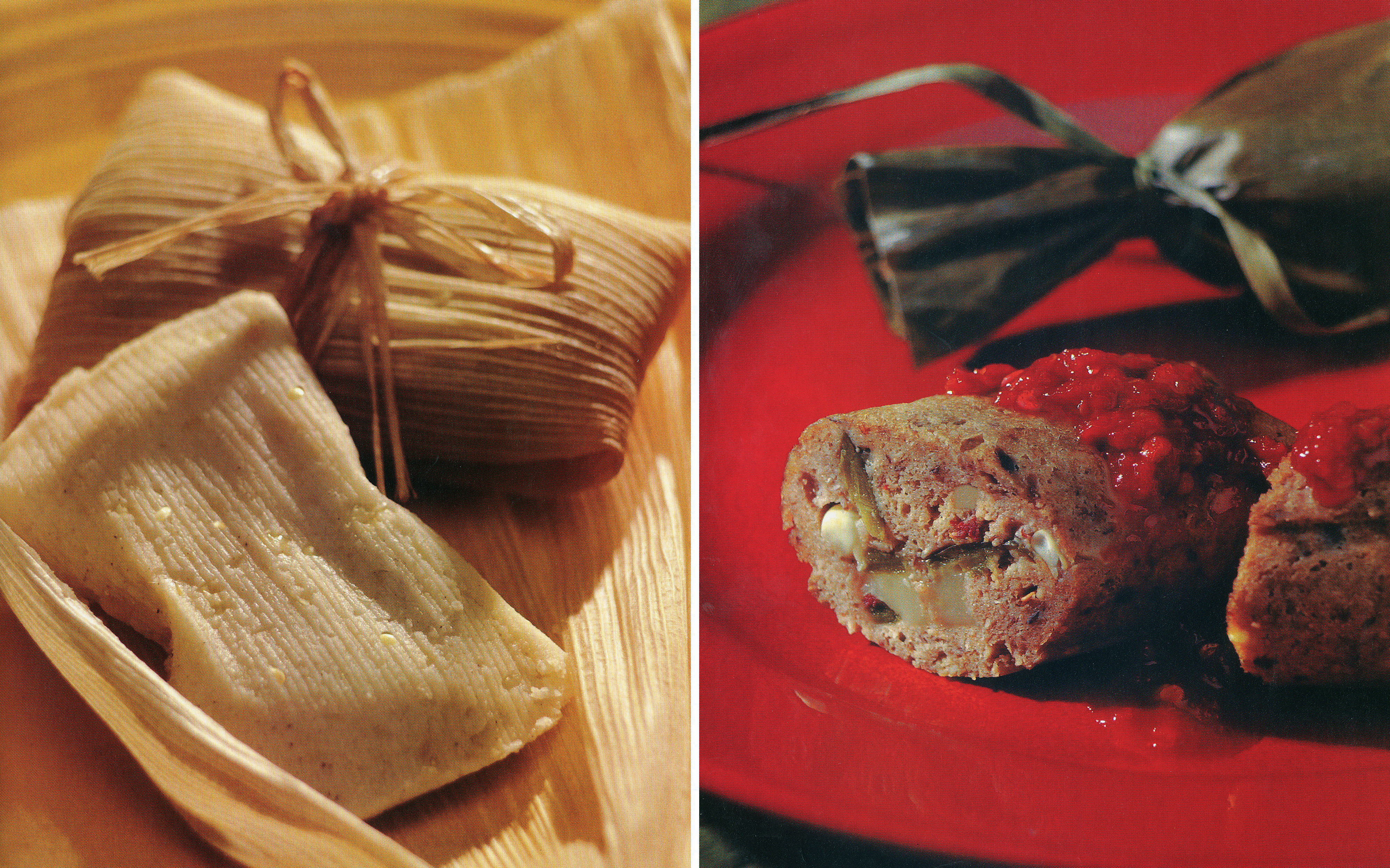 Right: Corn-and-poblano tamales, steamed in banana leaves and served with r...
