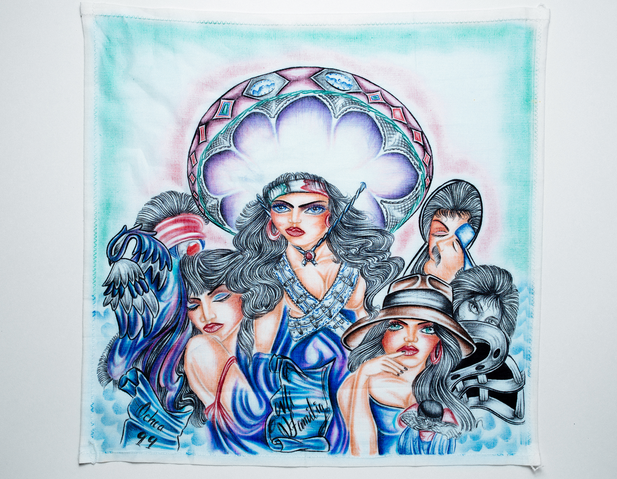 A Paño in blue, purple, and red or three women. 