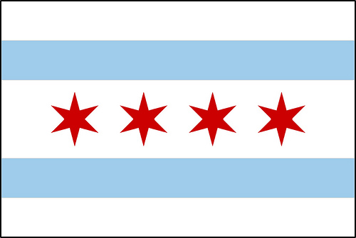 Chicago flag has 4 6-pointed red stars in between two light blue lines. 