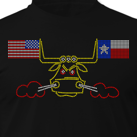 T-shirt design of an angry bull with a Texas and American flag on either horn. 